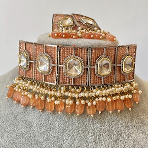 Peach Premium Kundan Choker/Sabyasachi Choker/Designer Necklace/Indian/Bollywood Jewelry/Fine Kundan/Pakistani/Punjabi/Statement Set