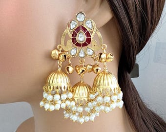 Ruby Kashmiri Jhumka Earrings, Gold-plated Dangler Earrings/Brass Jhumkas/Ethnic Gungroo earrings/Trendy earrings/Statement earrings