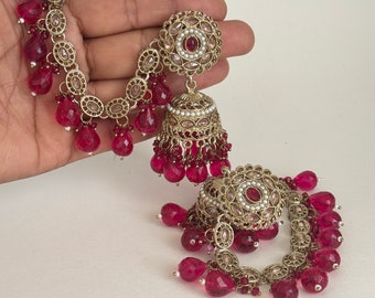 Polki Pearl bahubali jhumka, Kundan jhumnka, bahubali earrings, Pearl jewelry for wedding, indian pakistani jewelry