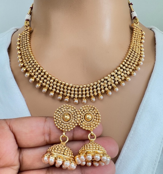 Collier Ancien En Or Plaqué Avec Pierres - Style Bijoutier Français Vintage - Occasion Très Bon État