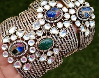 Pulseras de moissanita polki victorianas con piedra de fuego que se pueden abrir, brazalete ancho individual, regalos para damas de honor, joyería india pakistaní, boda india, regalo