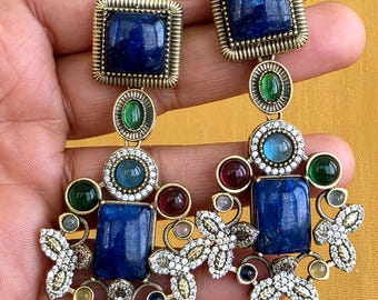 Sabyasachi-inspired Natural stones and CZ earrings, Victorian earrings, designer earrings, Sabhya Earrings, statement long earrings