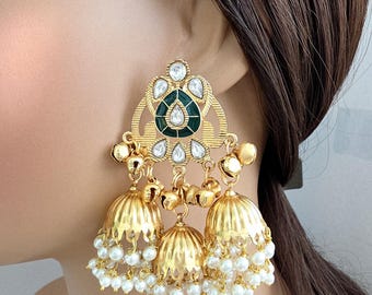 Green Kashmiri Jhumka Earrings, Gold-plated Dangler Earrings/Brass Jhumkas/Ethnic Gungroo earrings/Trendy earrings/Statement earrings