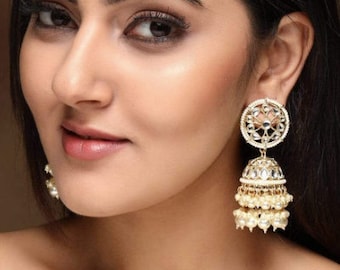 White Gold Pearl Jhumka/Punjabi Jewelry/Bollywood Jewelry/Gold Kundan Jhumkas/TrendyJhumka Earring/Indian Jewelry/Pakistani Jewelry