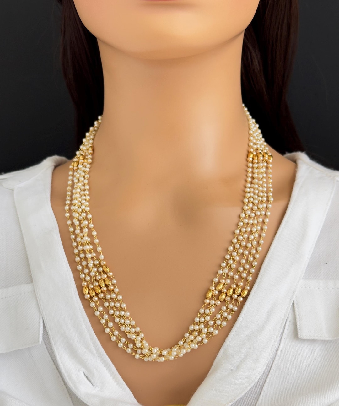 Antique Pearl Mala Necklace With Gold Plating\ Antique Gold Long