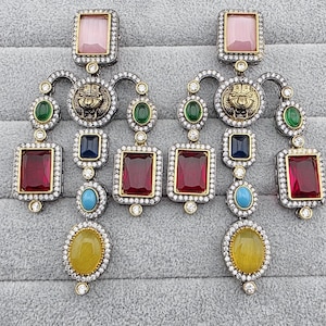 Sabyasachi-inspired monalisa stone and CZ earrings, Victorian earrings, designer earrings Sabhyasachi jewelry, statement long earrings