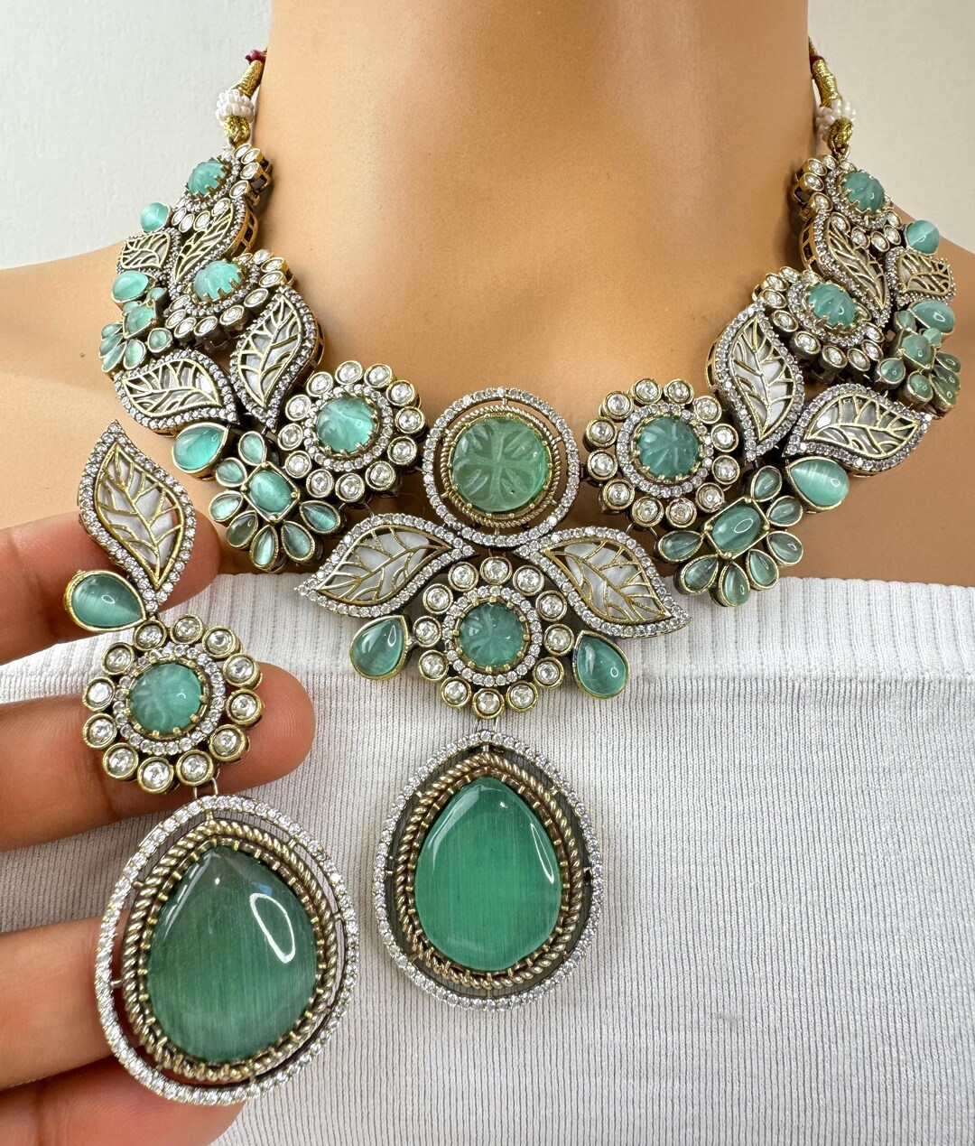 Mint Green Victorian Polki Kundan Necklace, Sabyasachi Necklace ...