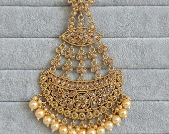 Gold Polki Kundan Pearl Passa, Jhoomer, Side tikka Indian Punjabi Pakistani wedding jewelry, jewelry, Hair accessories