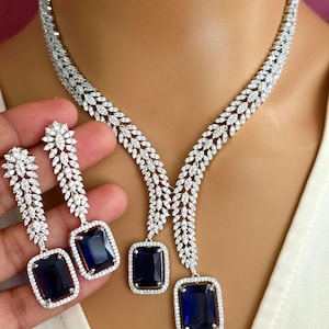 Conjunto de collar nupcial de diamantes de circonita cúbica azul, joyería de boda con diamantes americanos