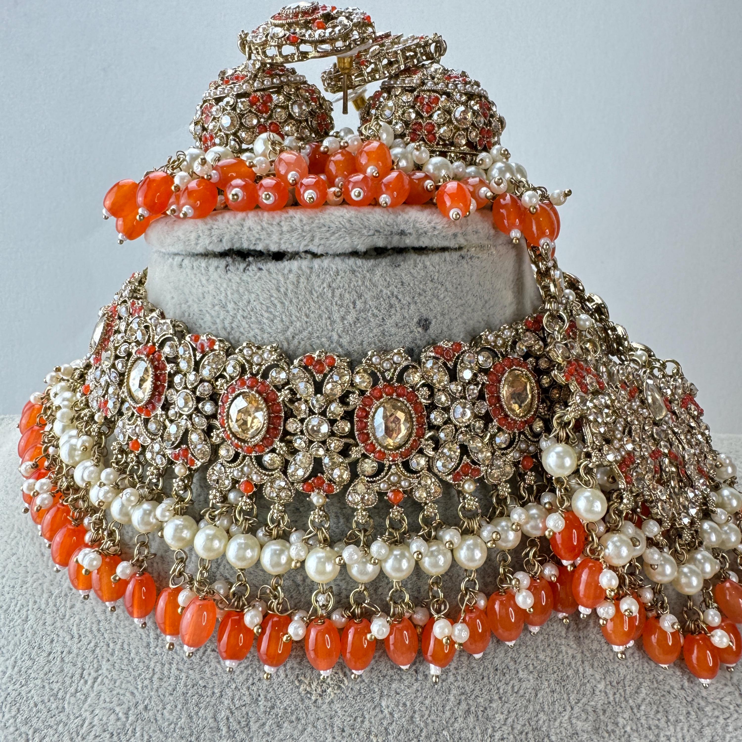Orange Antique Shadow Stone Pearl Choker Necklace With Earrings