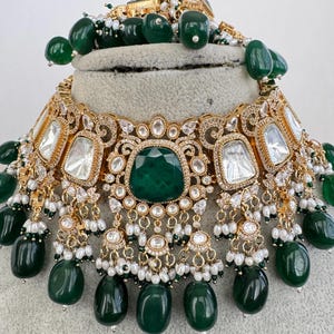 Green Bridal Mossinate Polki Kundan Victorian Necklace, Sabyasachi Necklace, Wedding necklace, Semi Precious Jewelry, Bollywood Celebrity