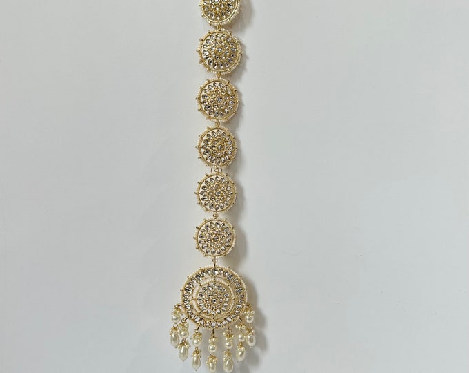 Gold Plated Traditional Handcrafted White Kundan and Pearl Studded Paranda/Hair Braid Pin Choti For Bridal Perfect for Wedding main image 1