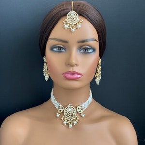 White Pearl Kundan Necklace Set/Kundan Choker/ Bollywood Jewelry/ Indian Pakistani necklace/ punjabi necklace/bridal necklace/indian wedding zdjęcie 2