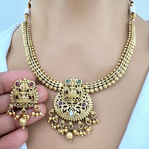Ruby Gold Necklace, Goddess Laxmi South Indian Jewelry Temple Jewelry Guttapusalu Necklace Wedding necklace Bridal necklace Indian Necklace