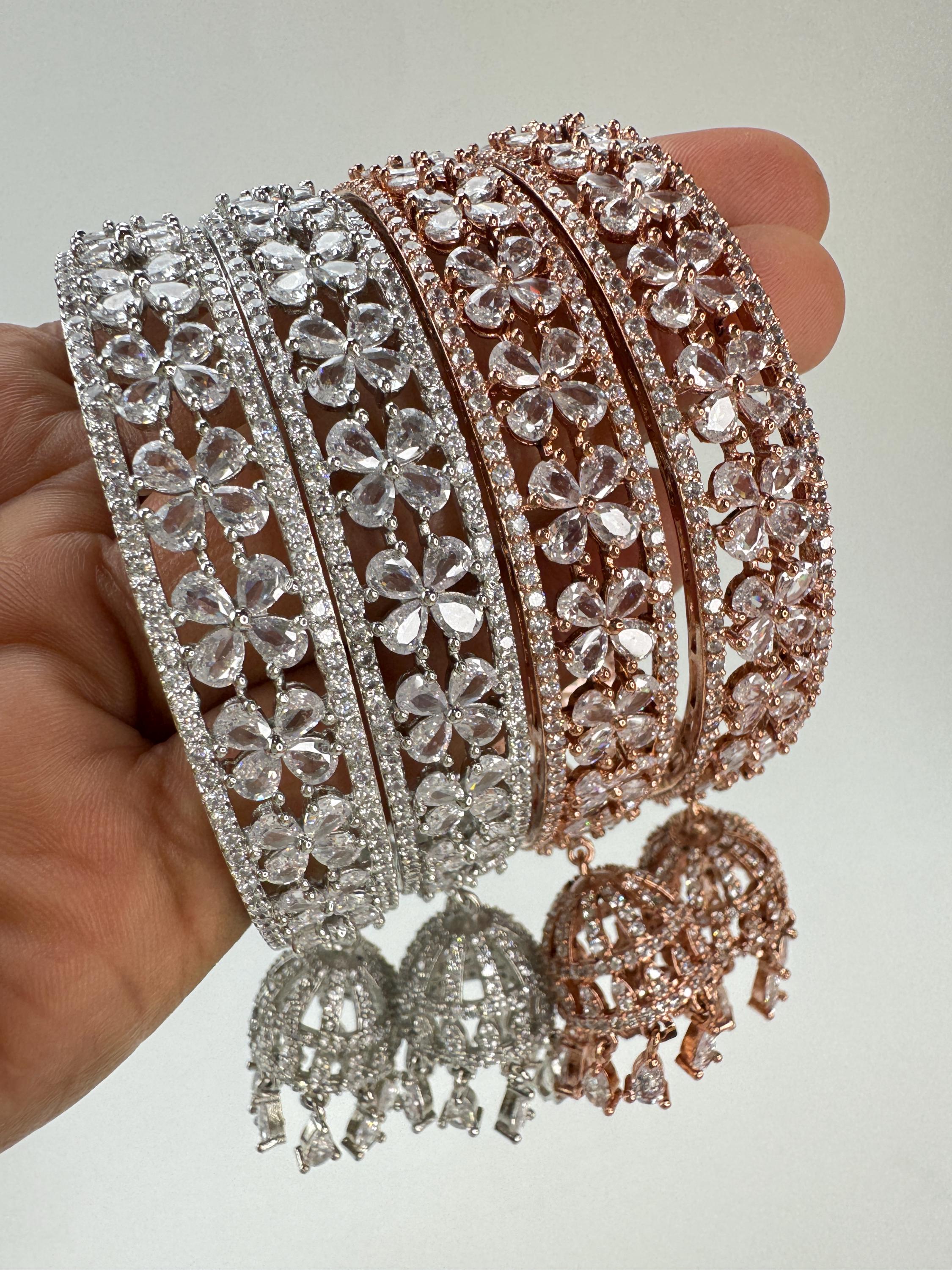 Silver, Rose Gold CZ Diamond Jhumka Latkan Bangles Pair/punjabi