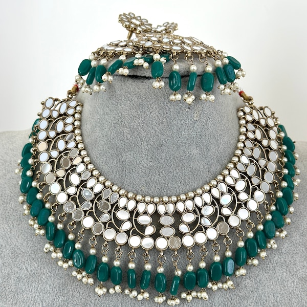 Green Antique Mirror Necklace set,Mirror Jewelry, Indian Pakistani Wedding Jewelry