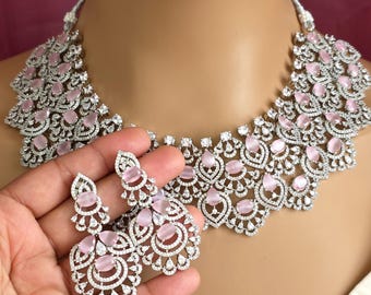 Ensemble collier et pendentif en oxyde de zirconium rose, bijoux de mariage indo-pakistanais, cadeau pour la mère de la mariée et les demoiselles d'honneur