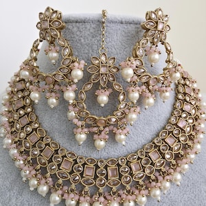 Pink Antique Polki Kundan Monalisa stone Necklace Set, Indian Pakistani jewelry for wedding, Bridal necklace