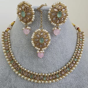 Mint Pink Antique Polki Kundan necklace set/Reverse Ad Necklace/Statement necklace/Indian/Punjabi Necklace/Pakistani Jewelry/Bridal necklace
