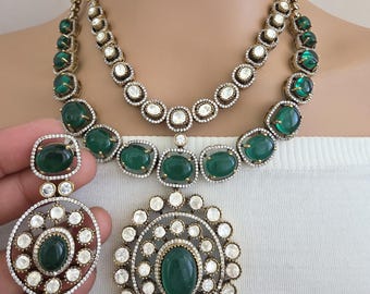 Green Victorian Moissanite polki Cz diamond Necklace, Indian Bridal Jewelry, Bollywood Sabyasachi Designer necklace, Pakistani Wedding