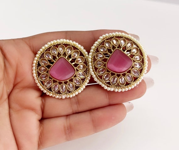 Fine Polki Pearl Monalisa Stud Earrings Indian Studs indian