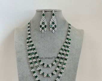 Emerald Green Silver CZ Diamond Long necklace, American Diamond Necklace,Indian pakistani jewelry for wedding, gift for her, bridal jewelry