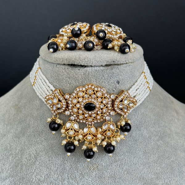 Black Kundan Necklace Set/ Kundan Choker/ Bollywood Jewelry/ Indian jewelry/ Pakistani necklace/ punjabi necklace/bridal/indian wedding