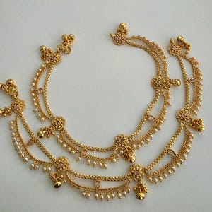 Bridal Gold Plated Anklet Pair/Payal/Moti Payal/Jhanjran/Panjeb/Pajeb/Indian Traditional Anklets/Indian Jewelry/ Pakistani Jewelry