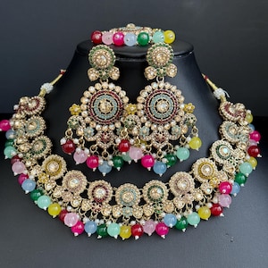 Multi Antique Polki Kundan necklace set/Reverse Ad Necklace/Statement necklace/Indian/Punjabi Necklace/Pakistani Jewelry/Bridal necklace/
