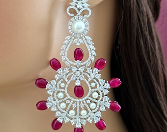 Ruby Long Cocktail CZ Diamond Earring, American Diamond earrings/Indian Jewelry/Pakistani Jewelry,CZ earrings/AD earrings/Gift for her