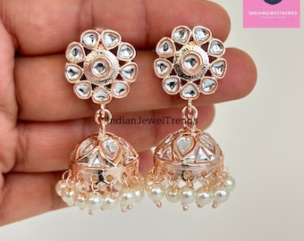 Small Light weight Rose Gold kundan Jhumka/Indian Jewelry/Pakistani/Punjabi/Bollywood/Statement earring/Bridal earring/Indian wedding