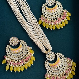 Yellow Kundan Meenakari long necklace/Indian jewelry/Kundan rani haar/Mala necklace set/Indian Wedding/Bridal Necklace/Punjabi/Pakistani