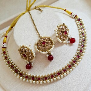 Ruby Antique Polki Kundan Necklace set, Indian necklace,Antique Dull Gold necklace, Indian,Pakistani Jewelry,Indian Wedding,Bridal set image 4
