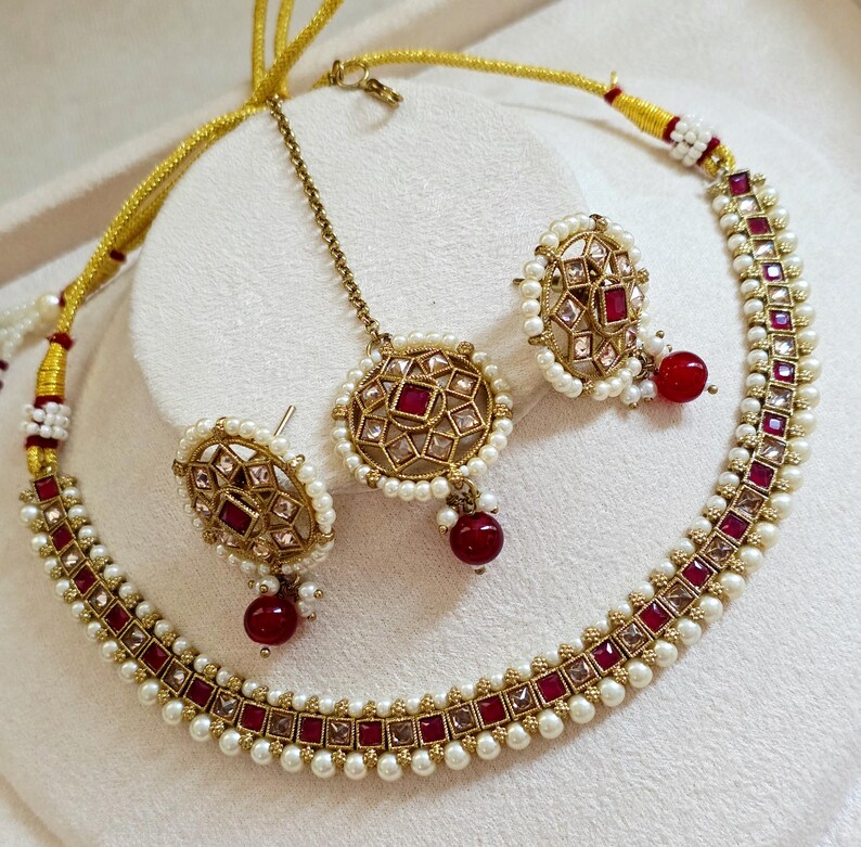 Ruby Antique Polki Kundan Necklace set, Indian necklace,Antique Dull Gold necklace, Indian,Pakistani Jewelry,Indian Wedding,Bridal set image 4