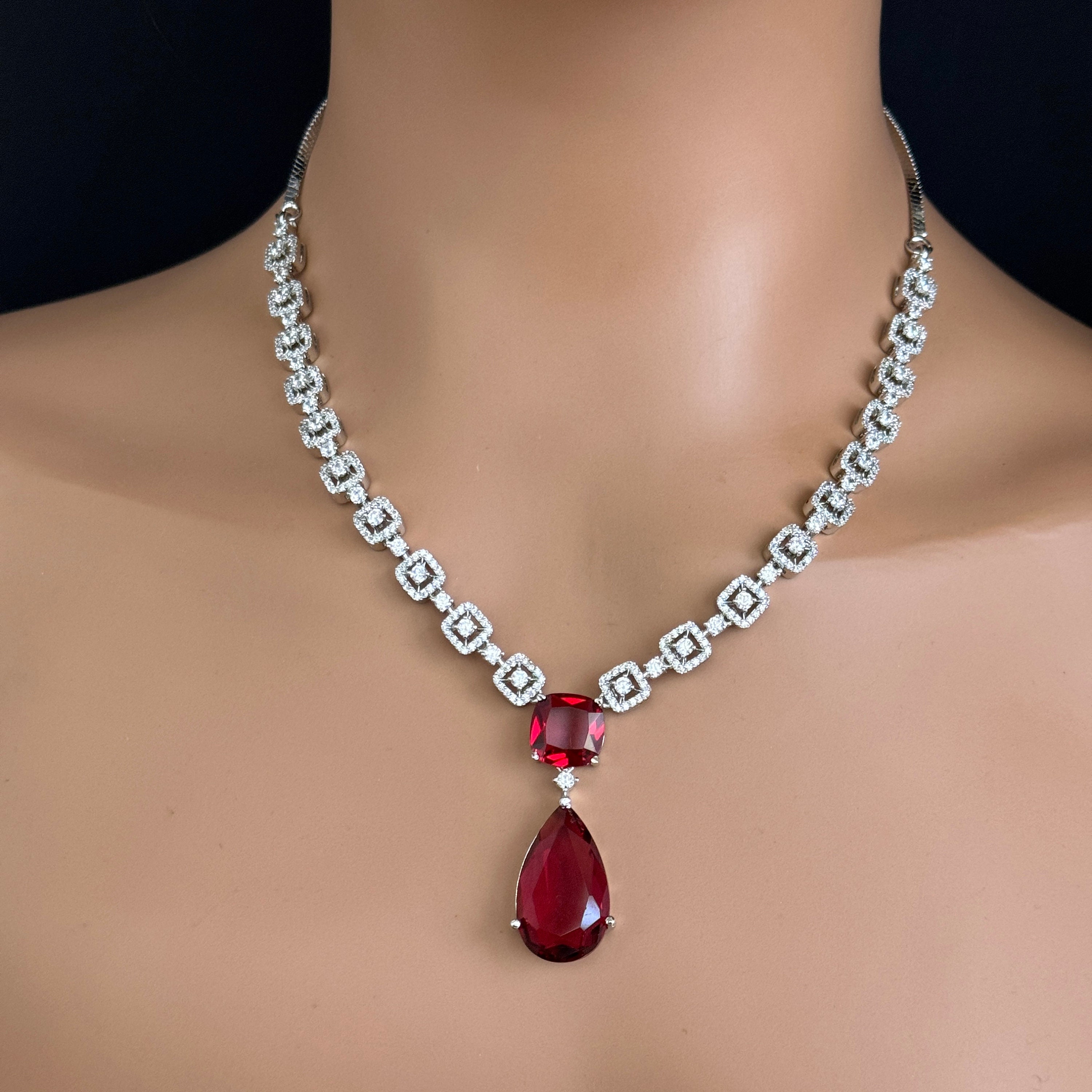 Ruby CZ diamond necklace American Diamond wedding necklace Cz jewelry Indian Pakistani Punjabi wedding jewelry Bridal necklace