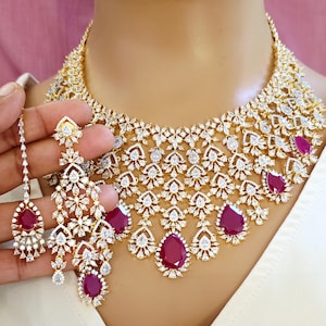 Ruby CZ Diamond Bridal Necklace Set, 2 Tone Plating