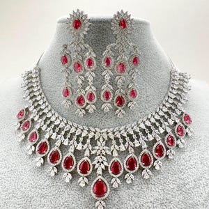 Rubin CZ Diamant Brauthalskette, amerikanischer Diamant Hochzeitshalskette, Cz Schmuck, indischer, pakistanischer, Punjabi Hochzeitsschmuck