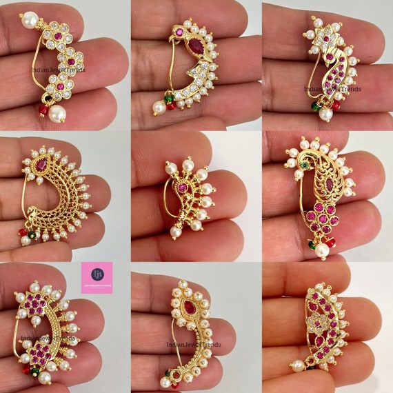 South Indian Traditional cultural nose pin stud or Nath Maharasthrian nath  18 kt yellow gold and pearl handmade ethnic jewelry from india gnp52 |  TRIBAL ORNAMENTS