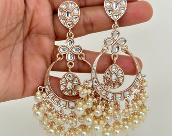 Bollywood Rose Gold Kundan Earrings/Indian Earrings/pearl/Pakistani/Punjabi/Statement Earrings/Long chandelier/bridal/Indian wedding