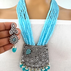 Aqua Blue Multi-strands American Diamond Long Necklace/Indian Long Necklace/Indian wedding/Bridal/Pakistani Jewelry/Mala necklace