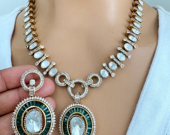 Green Victorian Moissanite Necklace, Semi-precious muti stones Pendant Necklace, Indian Bridal Jewelry, Bollywood Sabyasachi Necklace