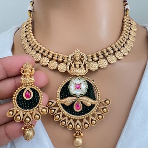 RubyGreen Gold Necklace Antique Temple Necklace With Gold Plating Guttapusalu Necklace Wedding necklace Bridal necklace Indian Necklace