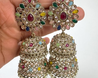 Restocked Antique Polki kundan Jhumka/stone Jhumka/Indian Jewelry/Pakistani Jewelry/Punjabi Jewelry/Statement earring/Bridal earring wedding