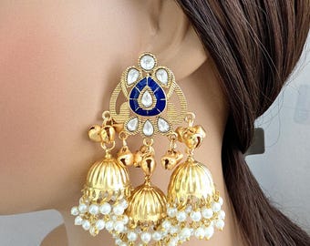 Blue Kashmiri Jhumka Earrings, Gold-plated Dangler Earrings/Brass Jhumkas/Ethnic Gungroo earrings/Trendy earrings/Statement earrings