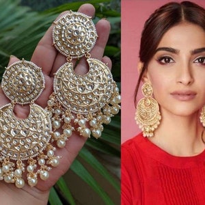 Sonam Kapoor Earrings Kundan Chandbali Earrings gold Bollywood