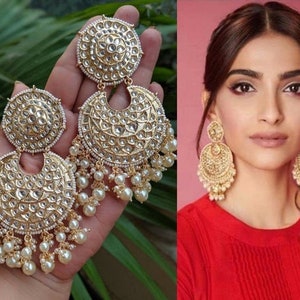 Sonam Kapoor earrings Kundan Chandbali Earrings ,Gold Bollywood Pearls Earrings, Indian Pakistani Earrings ,Bridal Jewelry