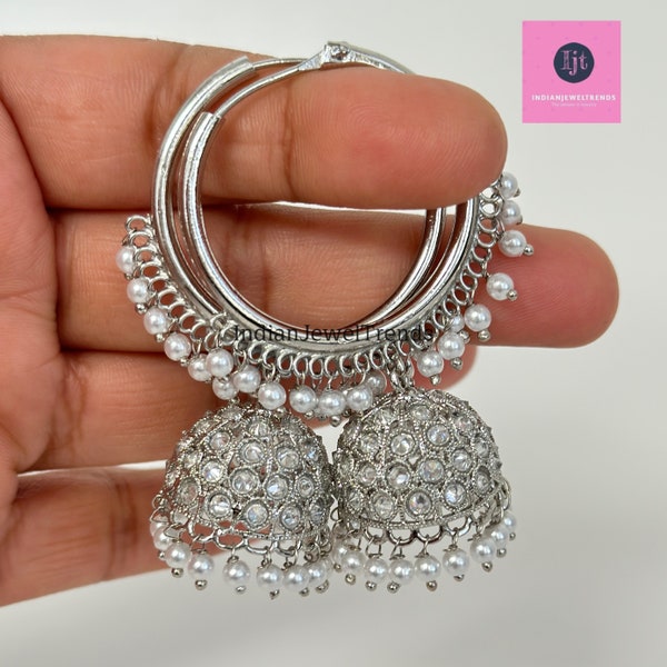 Silver Polki kundan pearl Hoop Earrings/Traditional ethnic hoop/Bali earring/Trendy/Statement earrings/Bali Jhumka//pakistani/Punjabi