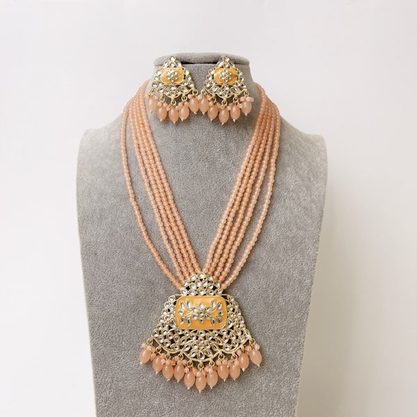 Peach Kundan long necklace set/Kundan rani haar/Kundan Mala Set/Multi strand necklace/Indian jewelry/Kundan jewelry/Bridal necklace