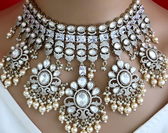 Ivory Pearl Bridal Mossinate Polki Kundan Victorian Necklace, Indian Pakistani Wedding necklace, Semi Precious Jewelry, Bollywood Celebrity