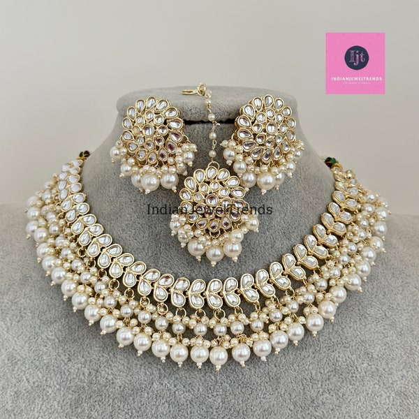 White Pearl Kundan Necklace Set/Kundan Choker/ Bollywood Jewelry/ Indian jewelry/ Pakistani necklace/ punjabi necklace/bridal/indian wedding